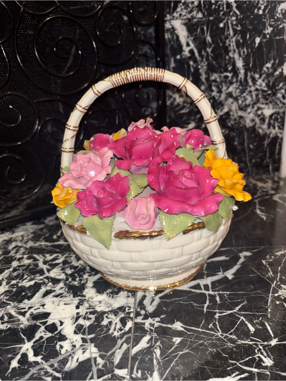 Porcelain Pink & Yellow Floral Basket Accent - Women Accessories